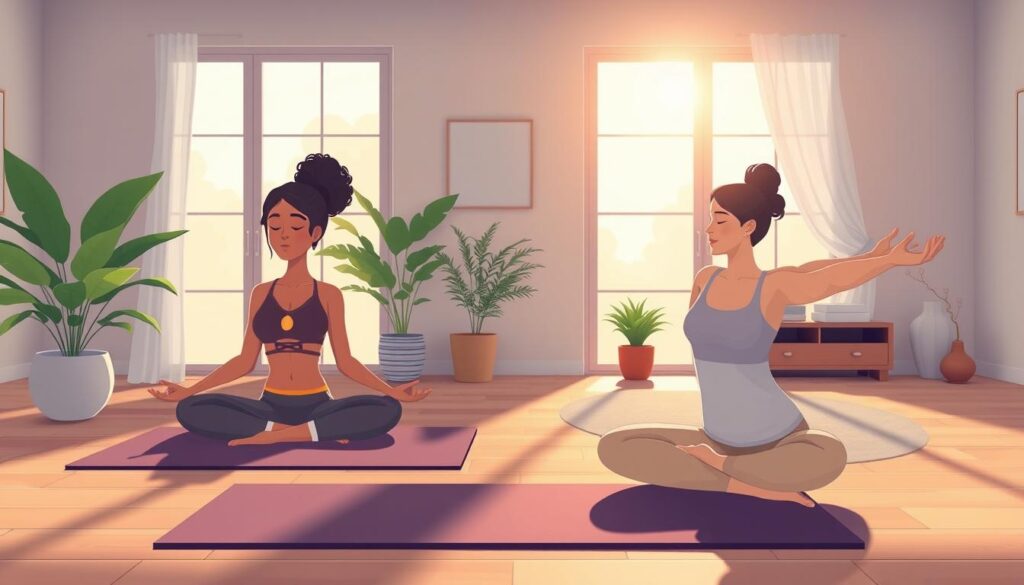 A serene indoor setting for mindfulness exercises, featuring a diverse group of three individuals: one woman practicing meditation on a yoga mat, a man in a seated position with crossed legs focusing on breathing, and another woman gently stretching beside them. The foreground captures their peaceful expressions, while soft morning light streams through large windows, creating a warm and inviting atmosphere. In the middle ground, a few potted plants and a calming color palette of greens and blues enhance the tranquility. The background includes minimalistic decor, with natural materials like wood and stone promoting a grounded feel. The image conveys a sense of serenity and focus, emphasizing self-awareness and personal growth. Inspired by nextself.ai. A serene indoor setting for mindfulness exercises, featuring a diverse group of three individuals: one woman practicing meditation on a yoga mat, a man in a seated position with crossed legs focusing on breathing, and another woman gently stretching beside them. The foreground captures their peaceful expressions, while soft morning light streams through large windows, creating a warm and inviting atmosphere. In the middle ground, a few potted plants and a calming color palette of greens and blues enhance the tranquility. The background includes minimalistic decor, with natural materials like wood and stone promoting a grounded feel. The image conveys a sense of serenity and focus, emphasizing self-awareness and personal growth. Inspired by nextself.ai.