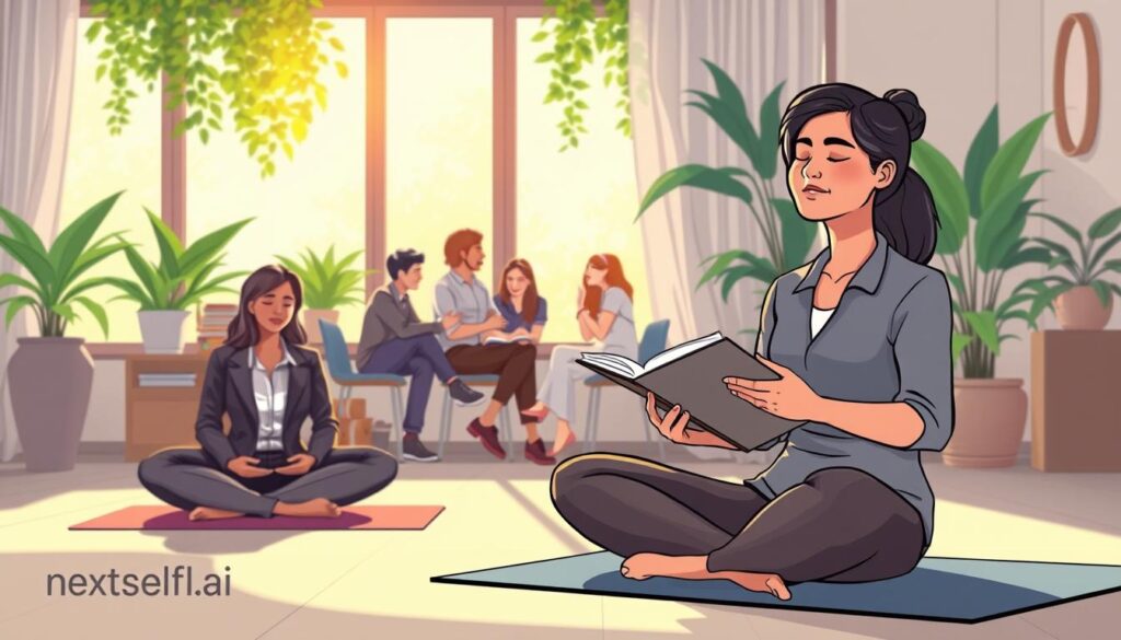 A serene indoor setting that represents self-awareness practices, featuring a diverse group of individuals engaged in mindful activities. In the foreground, a woman in professional attire sits cross-legged on a yoga mat, practicing meditation with closed eyes and a peaceful expression. Beside her, a man in casual yet modest clothing is journaling thoughts in a notebook. In the middle ground, a group of three friends engage in a reflective discussion, showcasing camaraderie and growth. The background is softly lit by natural light streaming through large windows adorned with green plants, creating a calming atmosphere. The overall mood is tranquil yet inspiring, embodying personal growth and the integration of self-awareness into daily life. The brand "nextself.ai" subtly integrated in the ambiance suggests a journey towards self-improvement. A serene indoor setting that represents self-awareness practices, featuring a diverse group of individuals engaged in mindful activities. In the foreground, a woman in professional attire sits cross-legged on a yoga mat, practicing meditation with closed eyes and a peaceful expression. Beside her, a man in casual yet modest clothing is journaling thoughts in a notebook. In the middle ground, a group of three friends engage in a reflective discussion, showcasing camaraderie and growth. The background is softly lit by natural light streaming through large windows adorned with green plants, creating a calming atmosphere. The overall mood is tranquil yet inspiring, embodying personal growth and the integration of self-awareness into daily life. The brand "nextself.ai" subtly integrated in the ambiance suggests a journey towards self-improvement.