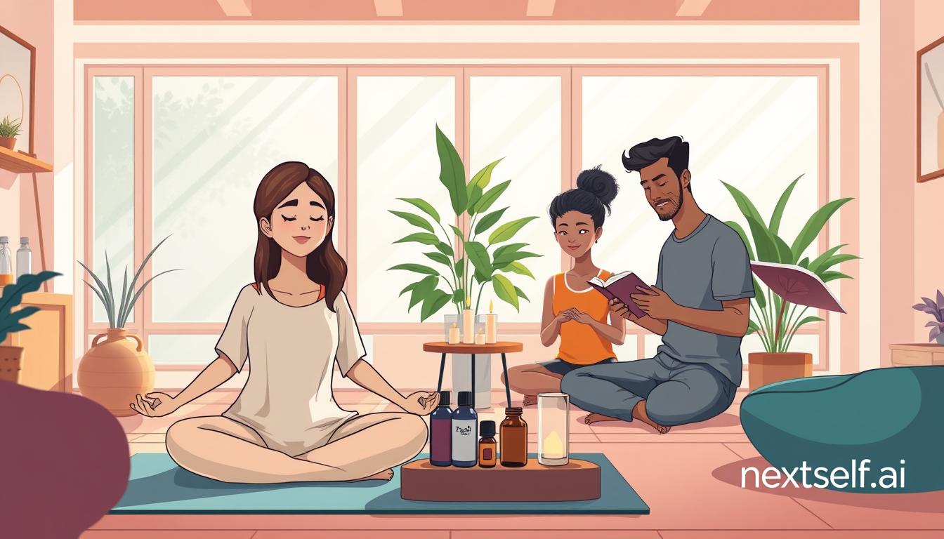 Three people practising calm, focused self-awareness exercises together in a bright, plant-filled room.